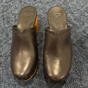 UGG Black Leather Slip-On Clogs